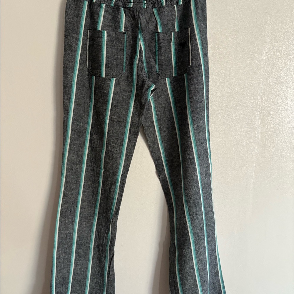 Roxy Oceanside Yarn Linen Cotton Blend Gray Striped Wide Leg Pants Medium - Picture 8 of 14